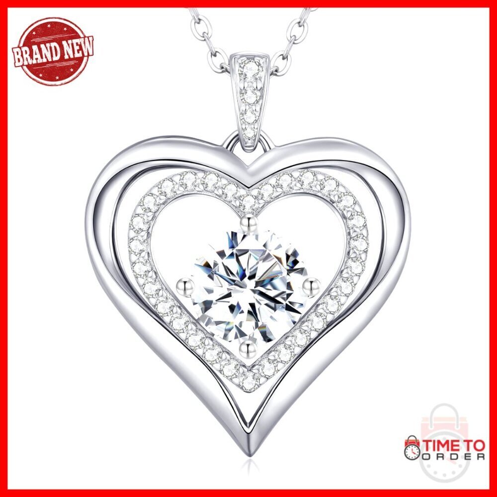 Sterling Silver Moissanite Heart Pendant Necklace, I Love You Engraved, Gift